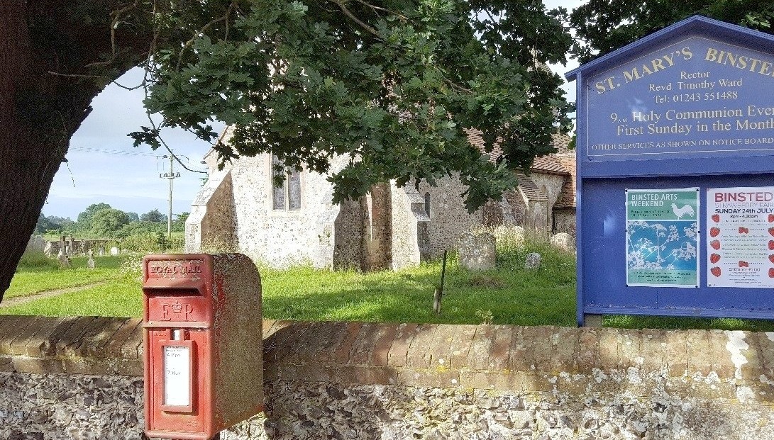 Binsted Village church and mailbox